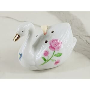 Swan Potpourri Holder Air Fresheners Pink Flower 4" White Porcelain Gold Accent